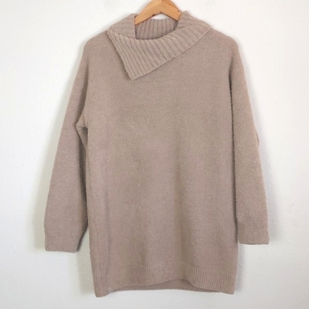 Barefoot Dreams Cozy Chic Cowl Neck Pullover Sweater Tunic Tan Biscotti Medium